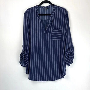 Emperice Plus Size Navy V-Neck Striped Blouse Adjustable Sleeve
